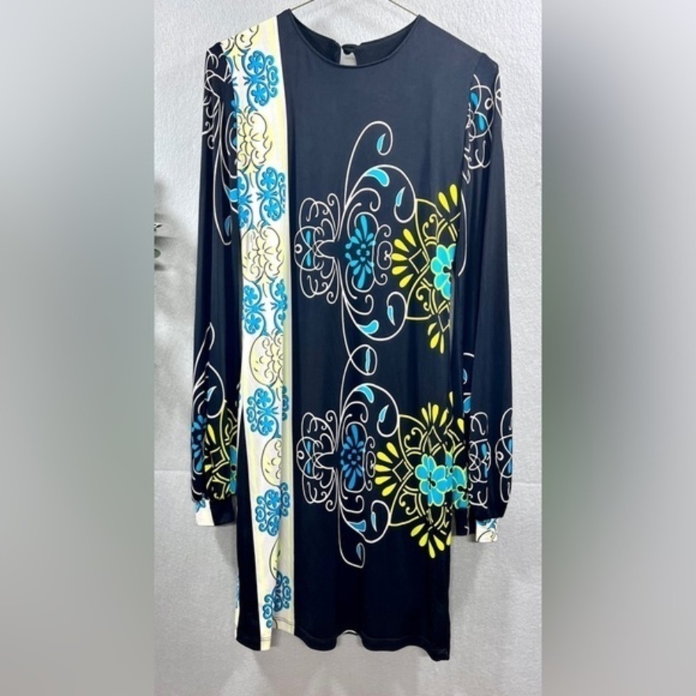 Analili Size Small Black White Yellow Print Lined Long Sleeve Shift Dress